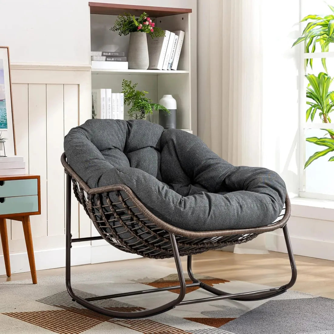 Rocking Papasan Egg Chair – Oversized Wicker Furniture for Indoors & Outdoors, with Ultra-Thick